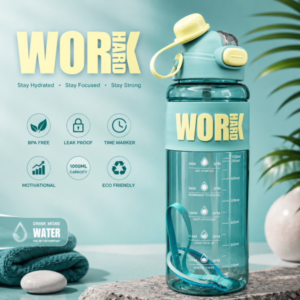 قمقمه انگیزشی ۱ لیتری مدل WORK HARD - نشکن، بدون BPA و دارای نشانگر زمان