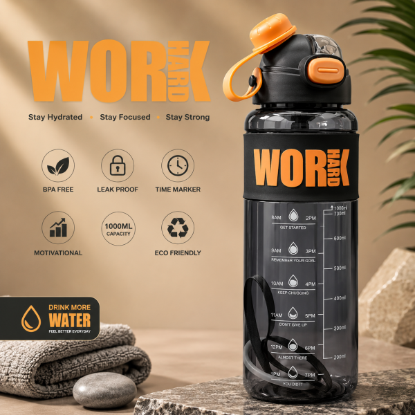 قمقمه انگیزشی ۱ لیتری مدل WORK HARD - نشکن، بدون BPA و دارای نشانگر زمان