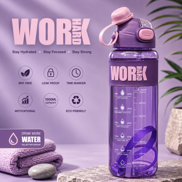 قمقمه انگیزشی ۱ لیتری مدل WORK HARD - نشکن، بدون BPA و دارای نشانگر زمان